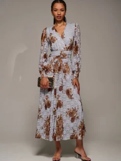 Bleu - Jolie Moi Robe Midaxi en dentelle imprimée à manches longues