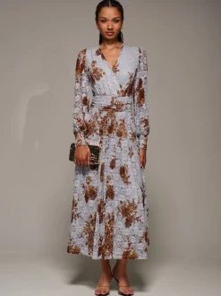 Bleu - Jolie Moi Robe Midaxi en dentelle imprimée à manches longues