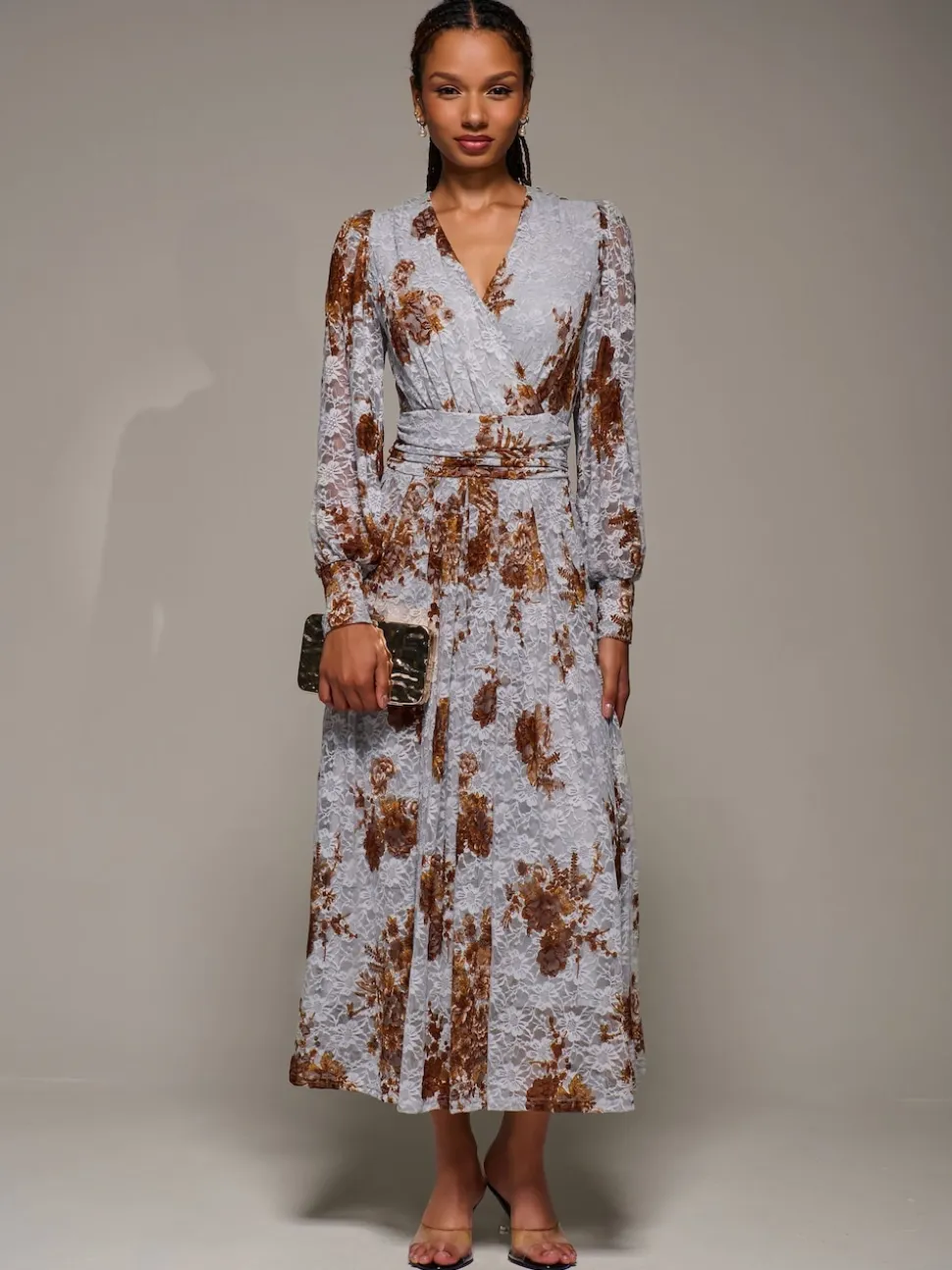 Bleu - Jolie Moi Robe Midaxi en dentelle imprimée à manches longues