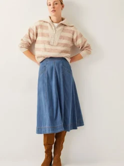 Bleu - Monsoon Harper Jupes à coutures apparentes Denim 100% Coton Mi-long