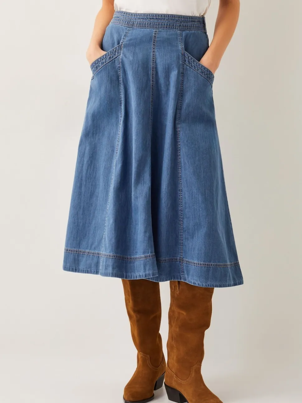 Bleu - Monsoon Harper Jupes à coutures apparentes Denim 100% Coton Mi-long