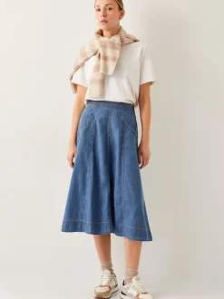 Bleu - Monsoon Harper Jupes à coutures apparentes Denim 100% Coton Mi-long