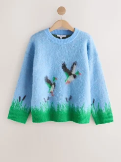 Bleu à motif canard Mallard - Pull col rond brossé
