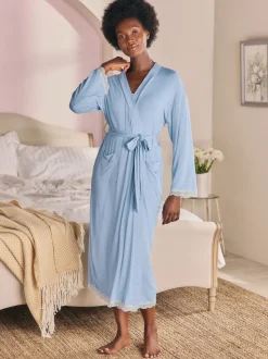 Bleu - Peignoir Laura Ashley en modal bordé de dentelle