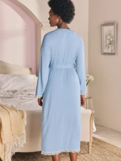 Bleu - Peignoir Laura Ashley en modal bordé de dentelle
