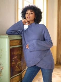 Bleu - Pull de grossesse et d’allaitement Seraphine à col roulé en cachemire mélangé haut de gamme