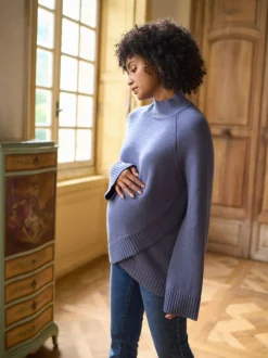Bleu - Pull de grossesse et d’allaitement Seraphine à col roulé en cachemire mélangé haut de gamme