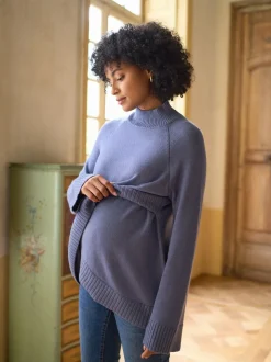 Bleu - Pull de grossesse et d’allaitement Seraphine à col roulé en cachemire mélangé haut de gamme