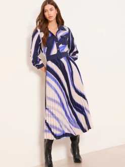 Bleu - Robe chemise mi-longue plissée Lipsy imprimé marbré