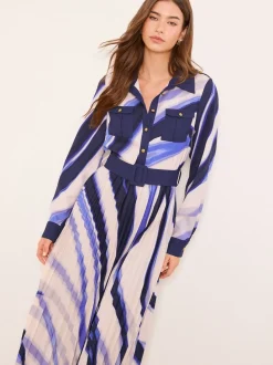 Bleu - Robe chemise mi-longue plissée Lipsy imprimé marbré