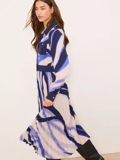 Bleu - Robe chemise mi-longue plissée Lipsy imprimé marbré
