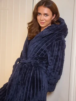 Bleu - Robe de chambre Loungeable mi-longue à capuche en polaire côtelée moelleuse