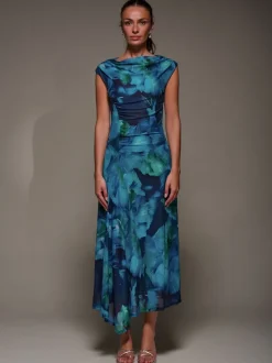 Bleu - Robe longue Jolie Moi en maille froncée à col coupé