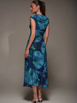 Bleu - Robe longue Jolie Moi en maille froncée à col coupé