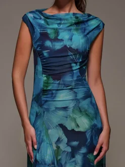 Bleu - Robe longue Jolie Moi en maille froncée à col coupé