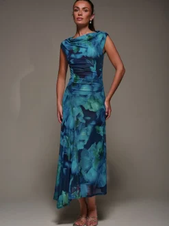 Bleu - Robe longue Jolie Moi en maille froncée à col coupé