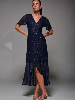 Bleu - Robe longue Jolie Moi à manches ange à sequins et ourlet à volants