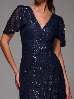 Bleu - Robe longue Jolie Moi à manches ange à sequins et ourlet à volants