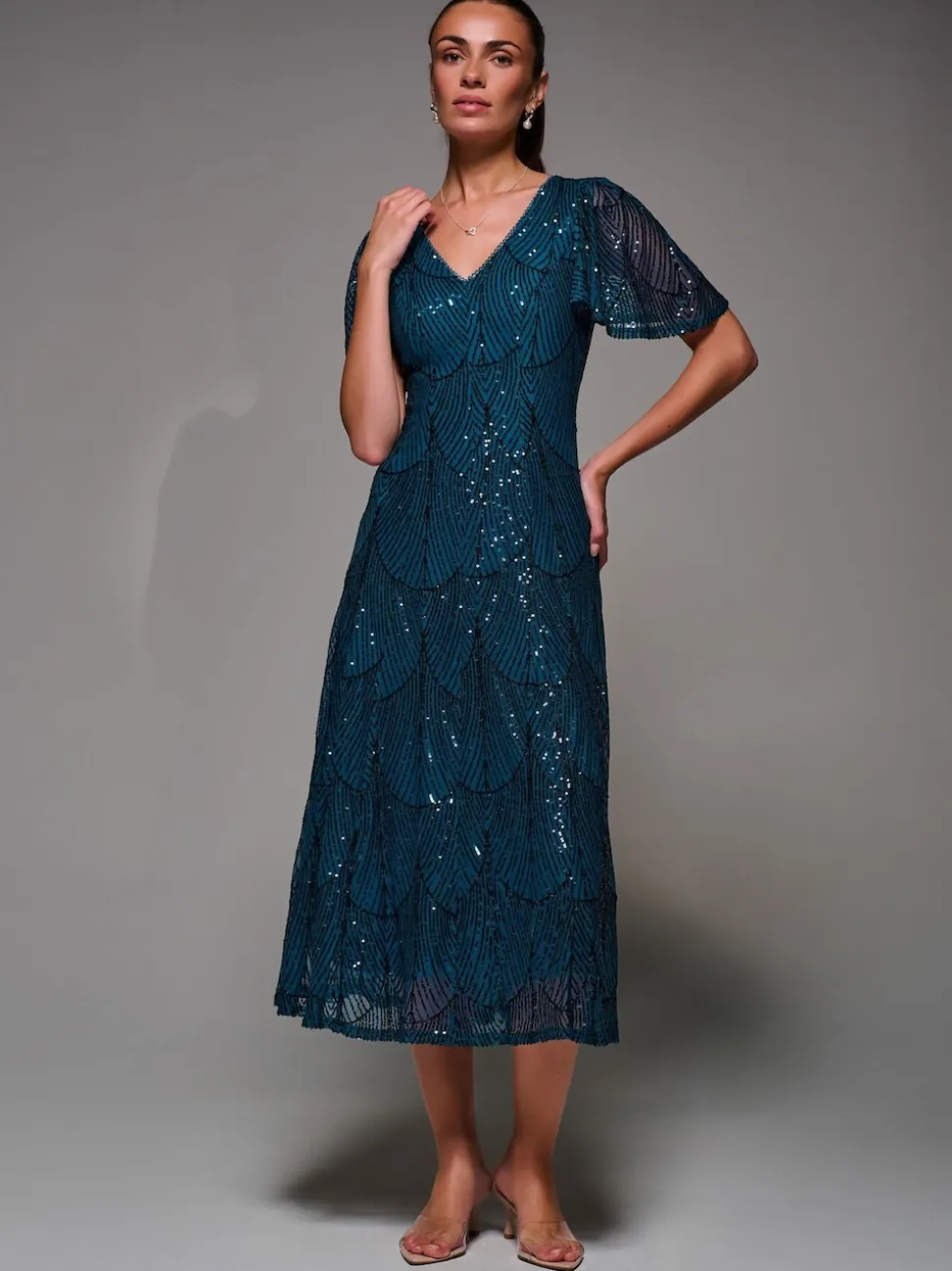 Bleu - Robe Midaxi Jolie Moi à manches ange à Sequins