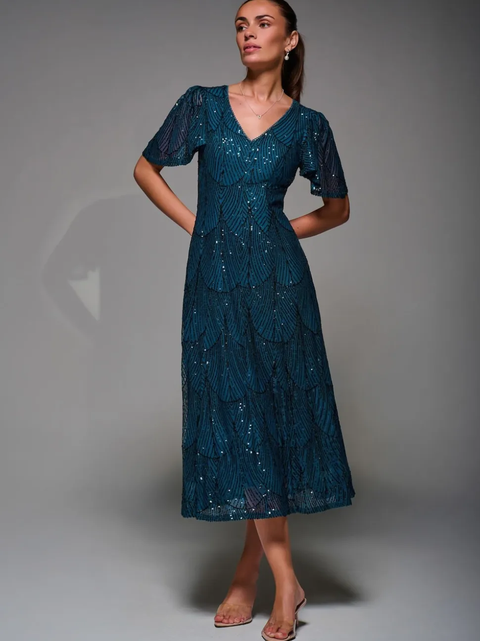 Bleu - Robe Midaxi Jolie Moi à manches ange à Sequins