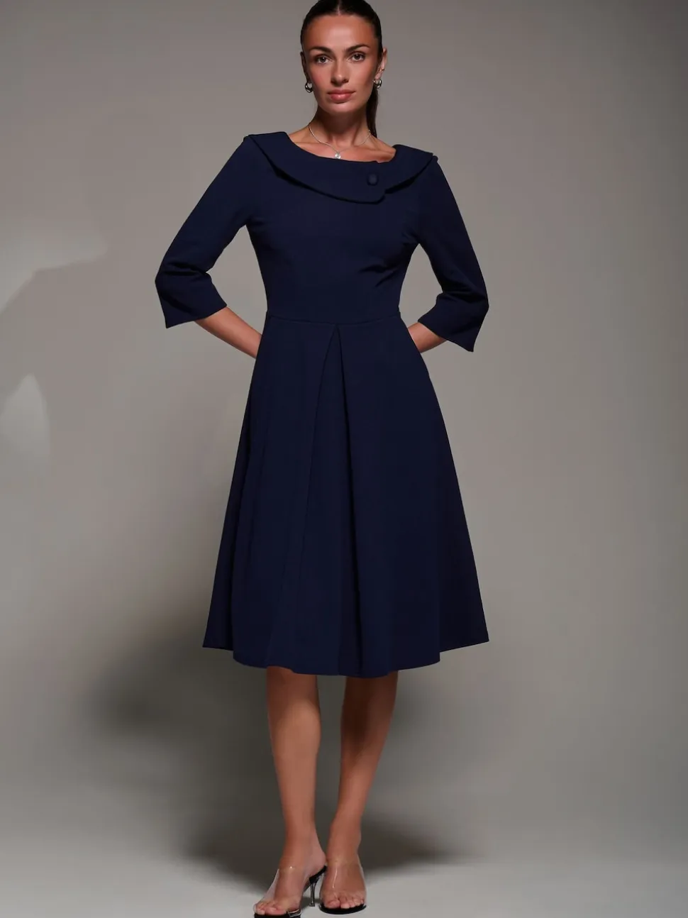 Bleu - Robe mi-longue Jolie Moi boutonnée à col pliable