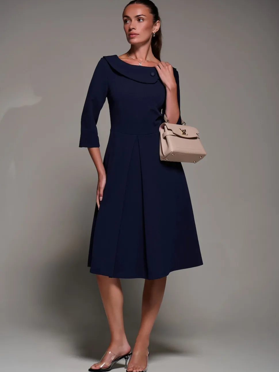 Bleu - Robe mi-longue Jolie Moi boutonnée à col pliable
