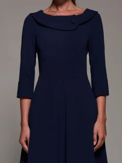 Bleu - Robe mi-longue Jolie Moi boutonnée à col pliable
