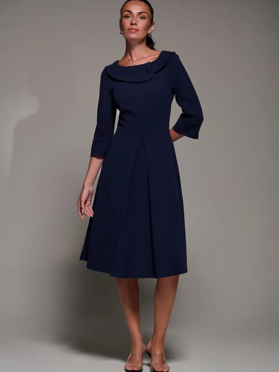 Bleu - Robe mi-longue Jolie Moi boutonnée à col pliable