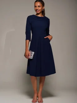 Bleu - Robe mi-longue Jolie Moi coupe évasée et évasée à col roulé