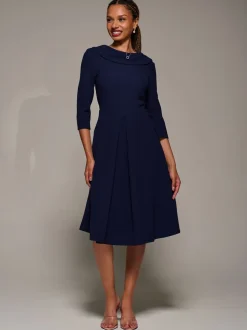 Bleu - Robe mi-longue Jolie Moi coupe évasée et évasée à col roulé