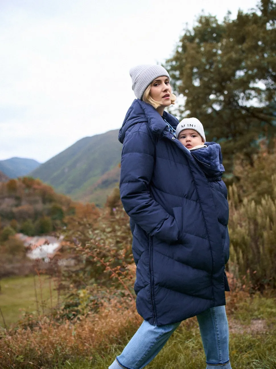 Bleu - Seraphine Long Chevron 3 en 1 Manteau de grossesse et de portage pour bébé