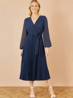 Bleu - Yumi Robe mi-longue enveloppante plissée avec manches longues transparentes