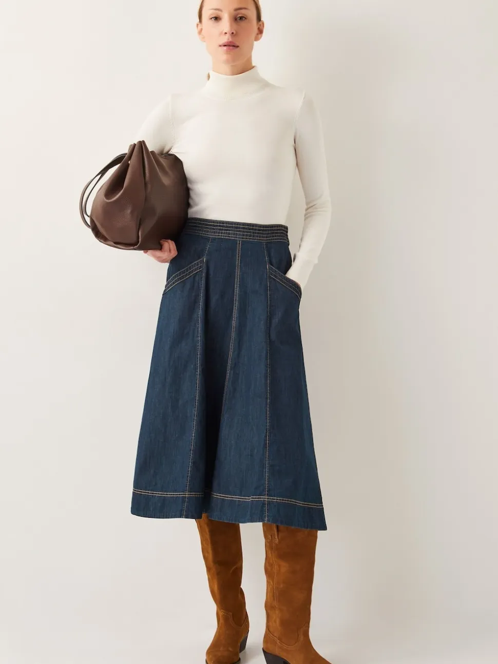 Bleu blanc - Monsoon Harper Jupes à coutures apparentes Denim 100% Coton Mi-long