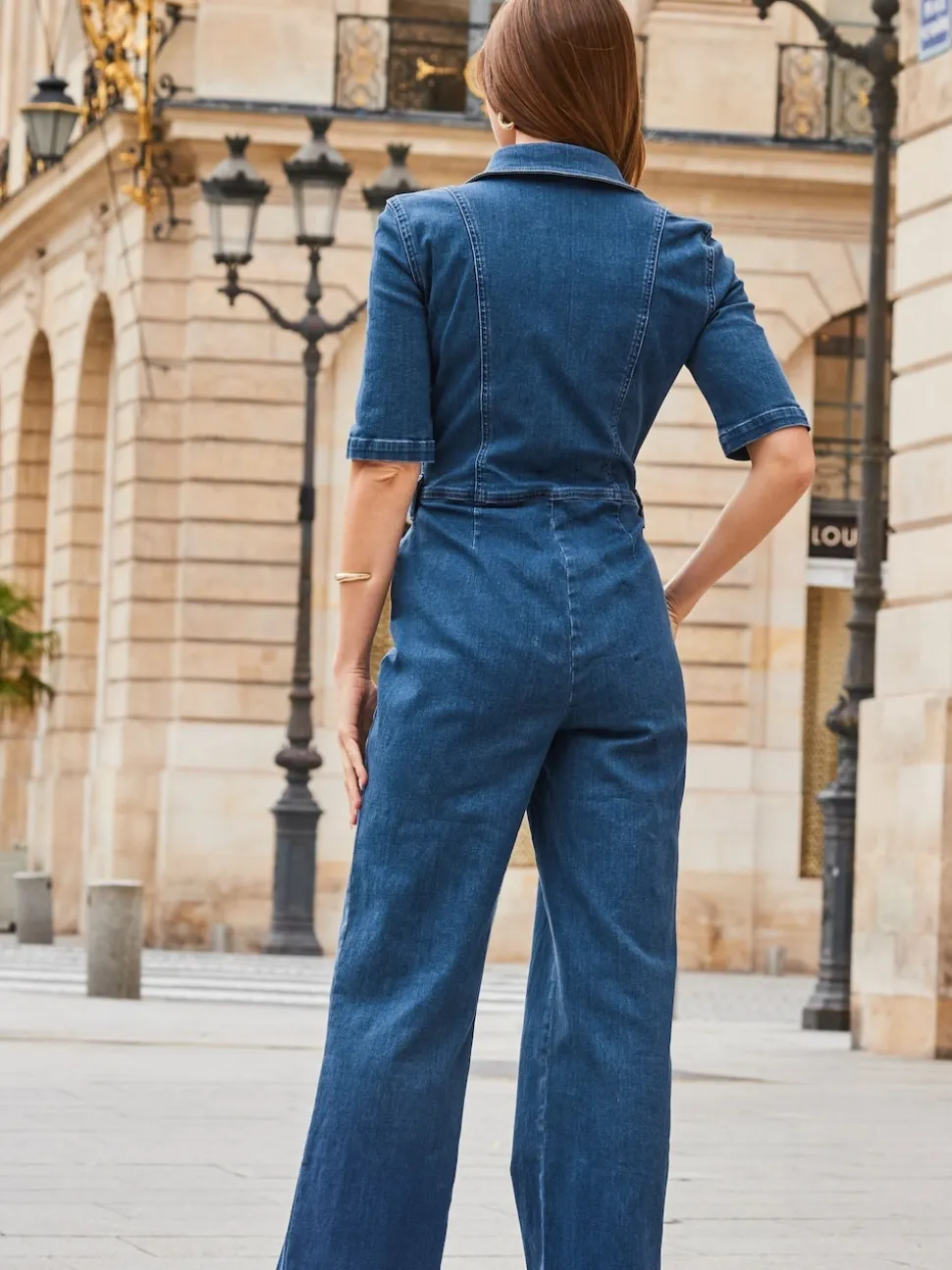 Bleu Chrome - Combinaison Sosandar zippée en jean à jambe large