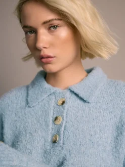 Bleu clair - Pull polo à manches longues Boucle