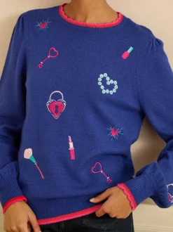 Bleu cobalt - Love & Roses pull en maille brodée