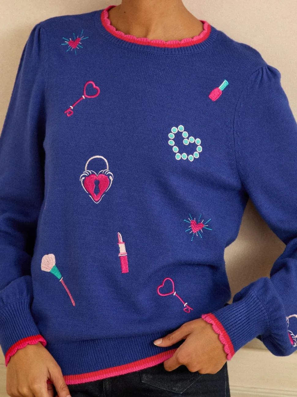 Bleu cobalt - Love & Roses pull en maille brodée