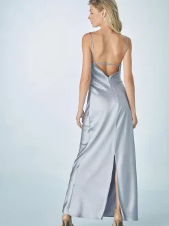 Bleu crépuscule - Robe longue de demoiselle d’honneur en satin à col bénitier pour mariage