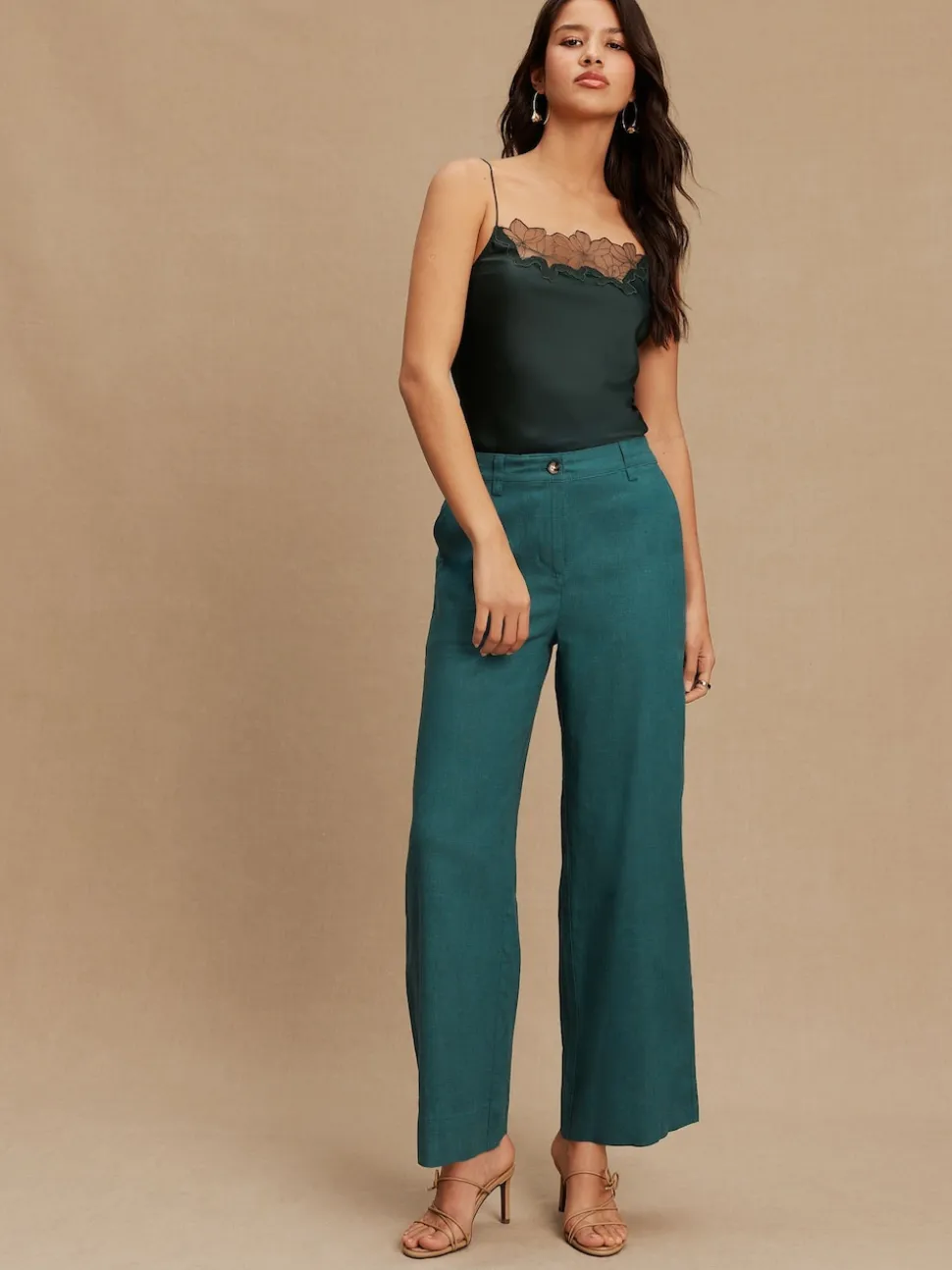 Bleu de sarcelle - Pantalons intelligents à jambe large en lin Blend