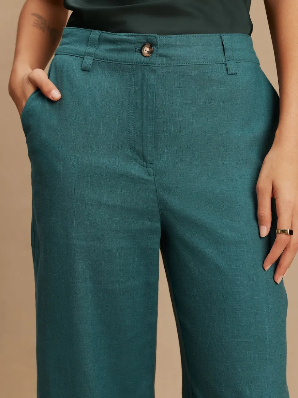 Bleu de sarcelle - Pantalons intelligents à jambe large en lin Blend