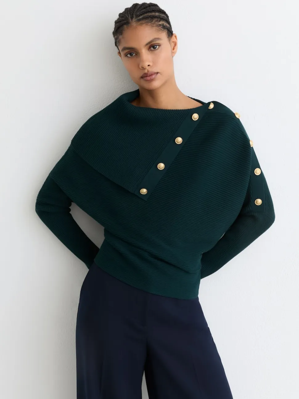 Bleu de sarcelle - Pull châle Reiss Lexi en maille côtelée à boutons