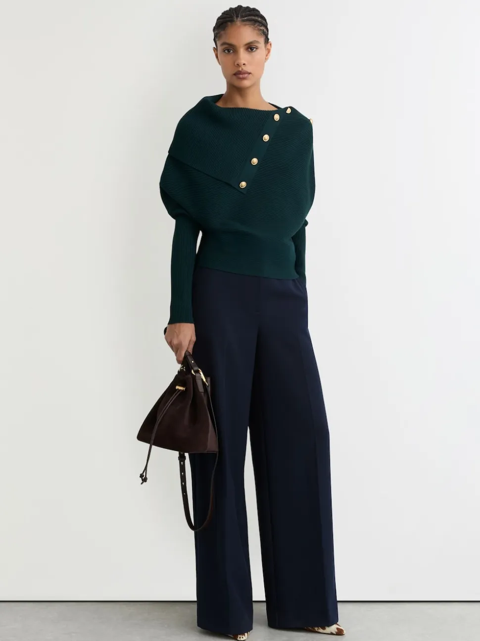 Bleu de sarcelle - Pull châle Reiss Lexi en maille côtelée à boutons