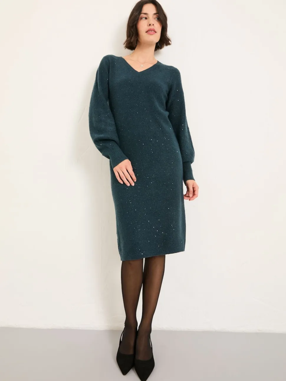 Bleu de sarcelle - Robe mi-longue FatFace en maille scintillante