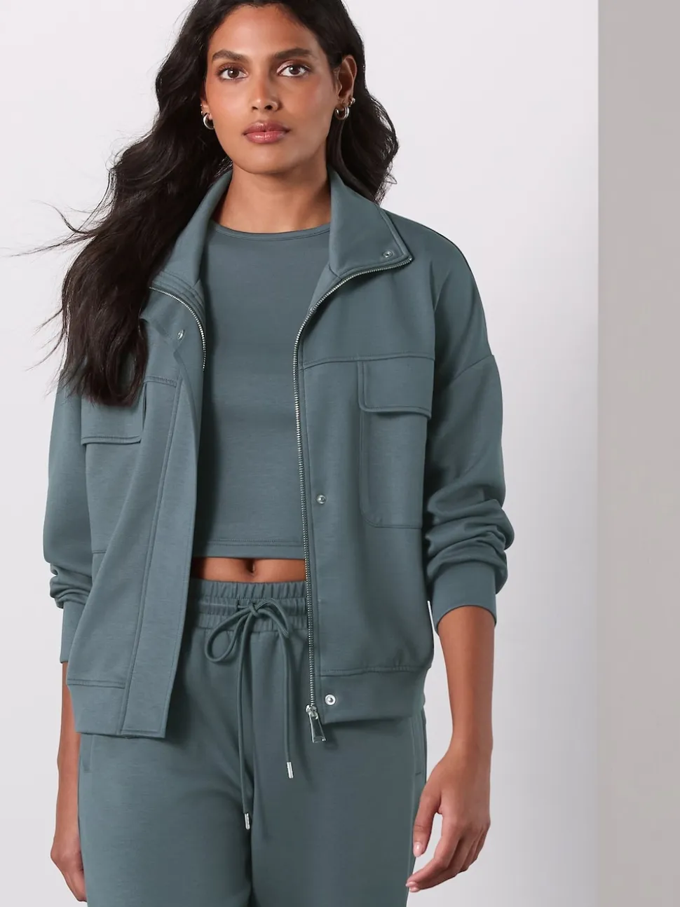 Bleu de sarcelle - Veste utilitaire moulante ultra-douce à col cheminée