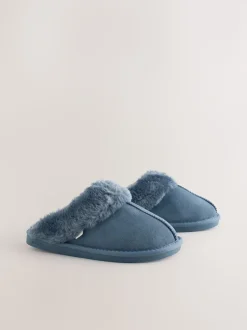 Bleu Denim - Chaussons mules en daim doublés de fausse fourrure