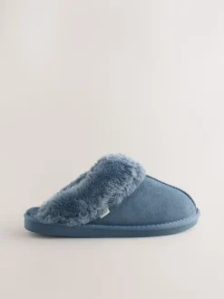 Bleu Denim - Chaussons mules en daim doublés de fausse fourrure