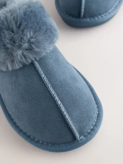 Bleu Denim - Chaussons mules en daim doublés de fausse fourrure