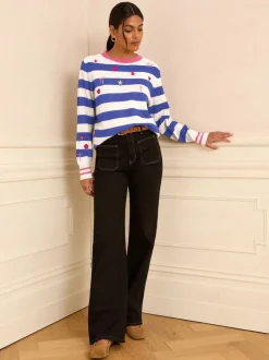 Bleu et ivoire - Pull brodé à rayures Love & Roses