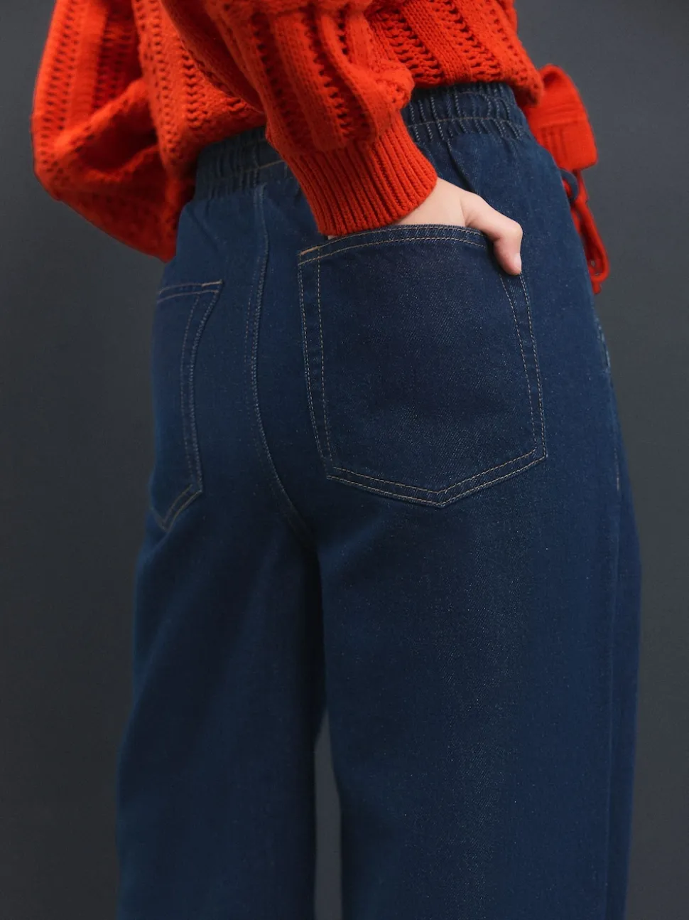 bleu foncé - Jogging en jean large à plis nervurés