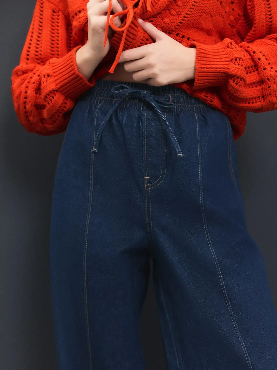 bleu foncé - Jogging en jean large à plis nervurés